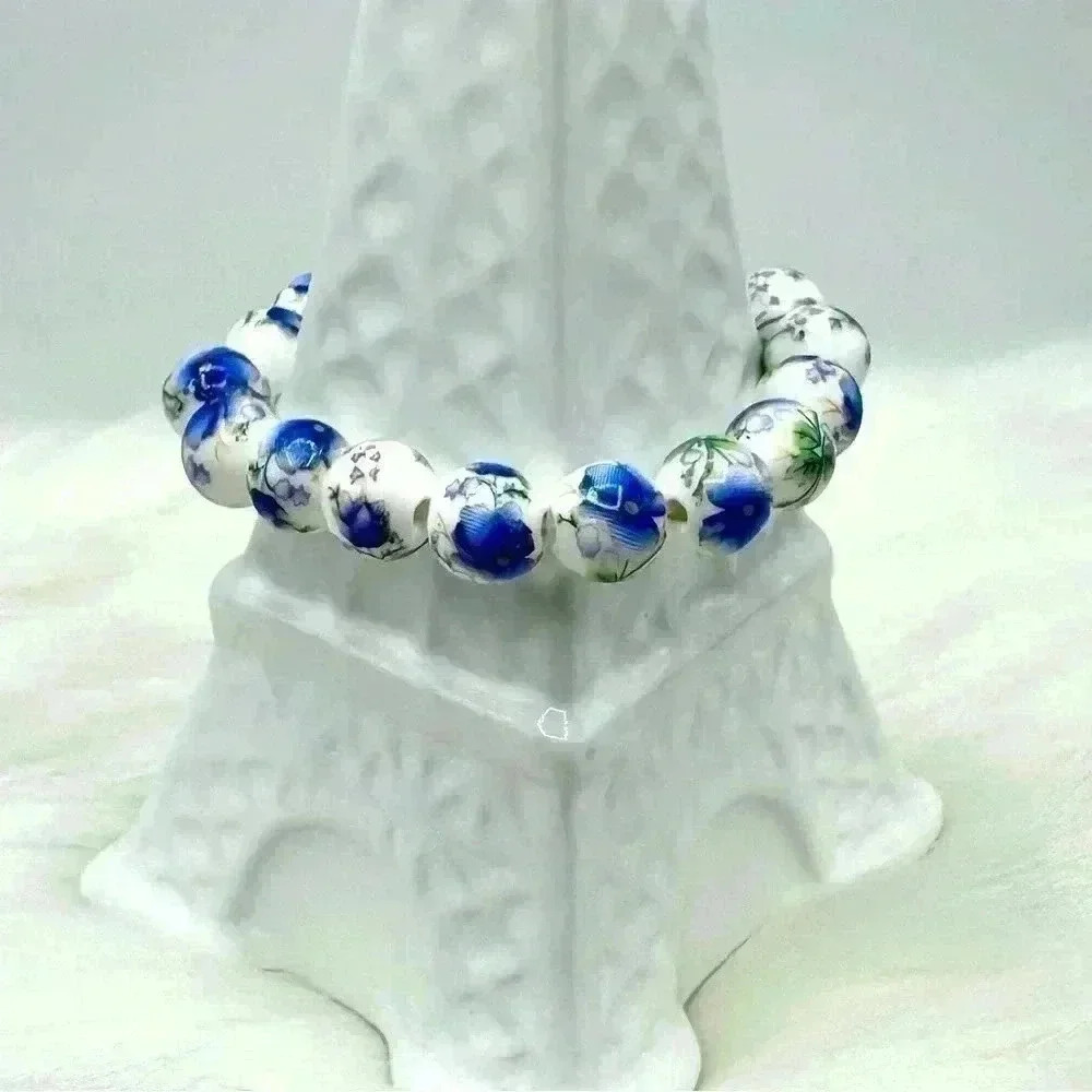 Chinese-Style Ceramic Floral Beaded Stretch Bracelet